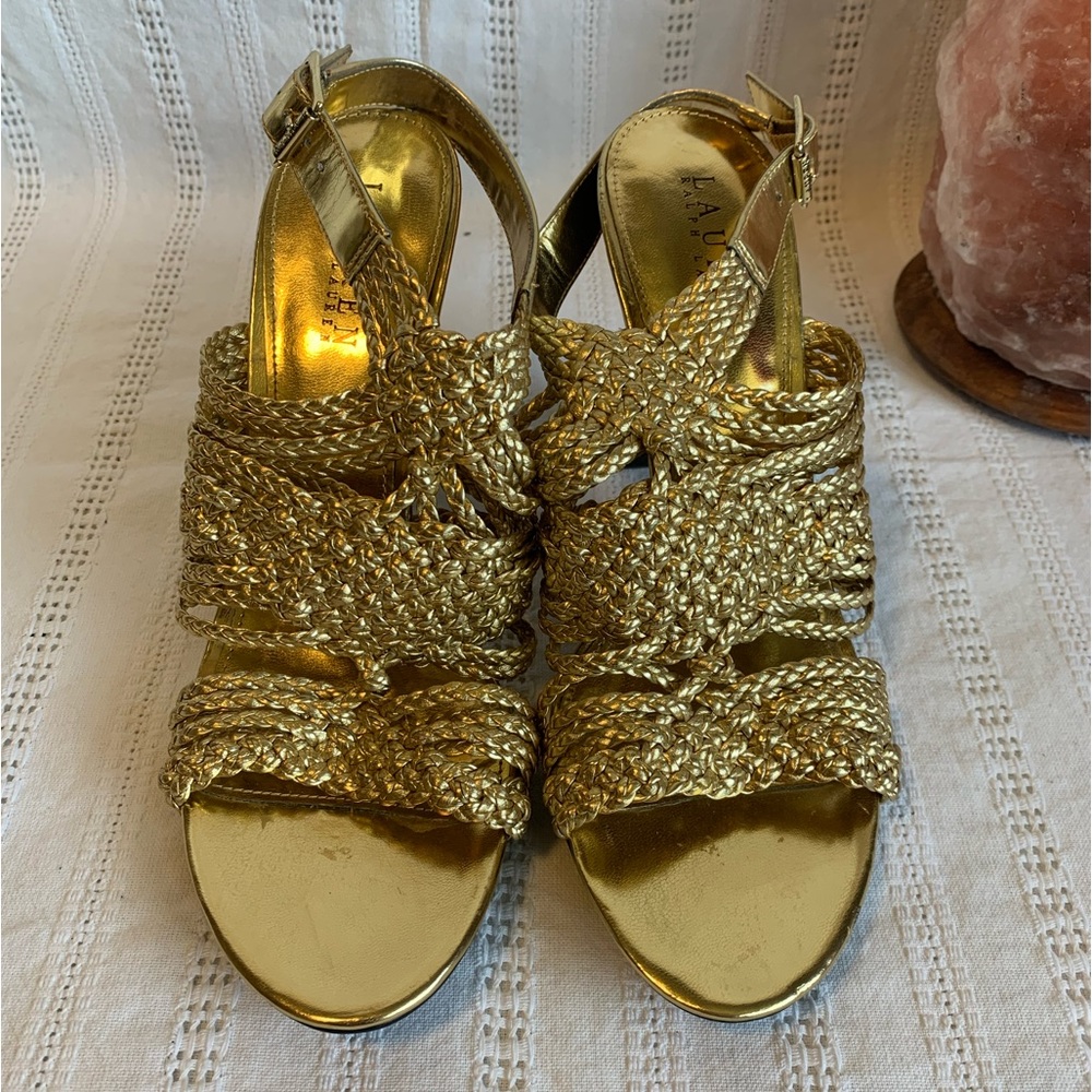 Ralph Lauren. Holleen Leather Strappy Heels. Gold. US 8.5. Excel Used Condition.